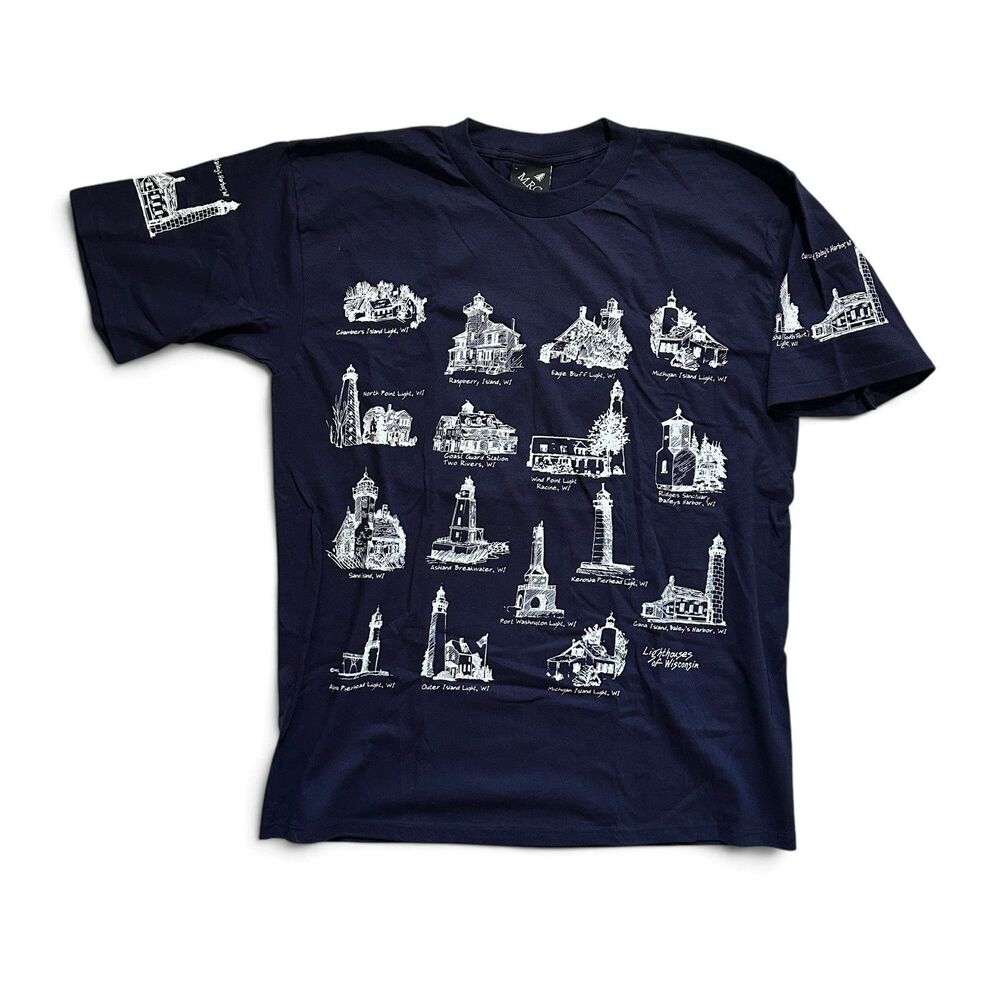 Vintage 90s Michigan Rag Co Lighthouses Of Wisconsin Tee XL USA Single-Stitch